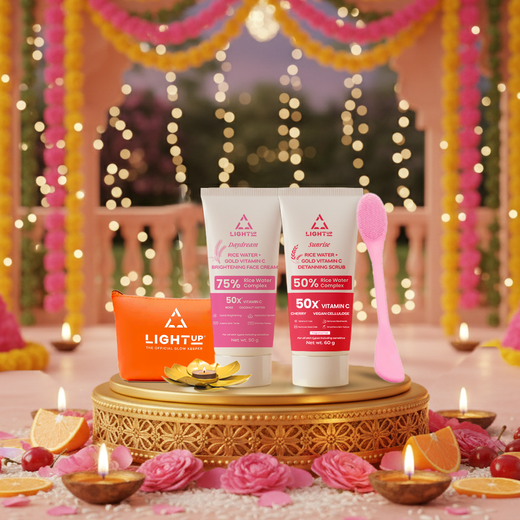 Festive Glass Skin Combo - Rice Water Brightening Cream + De-Tan Face Scrub (with Face Scrubber, Skincare Pouch, & Diya))